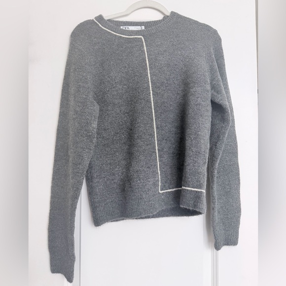 NWT Zara Charcoal Crew Neck Sweater with Contrast Piping - Picture 6 of 11